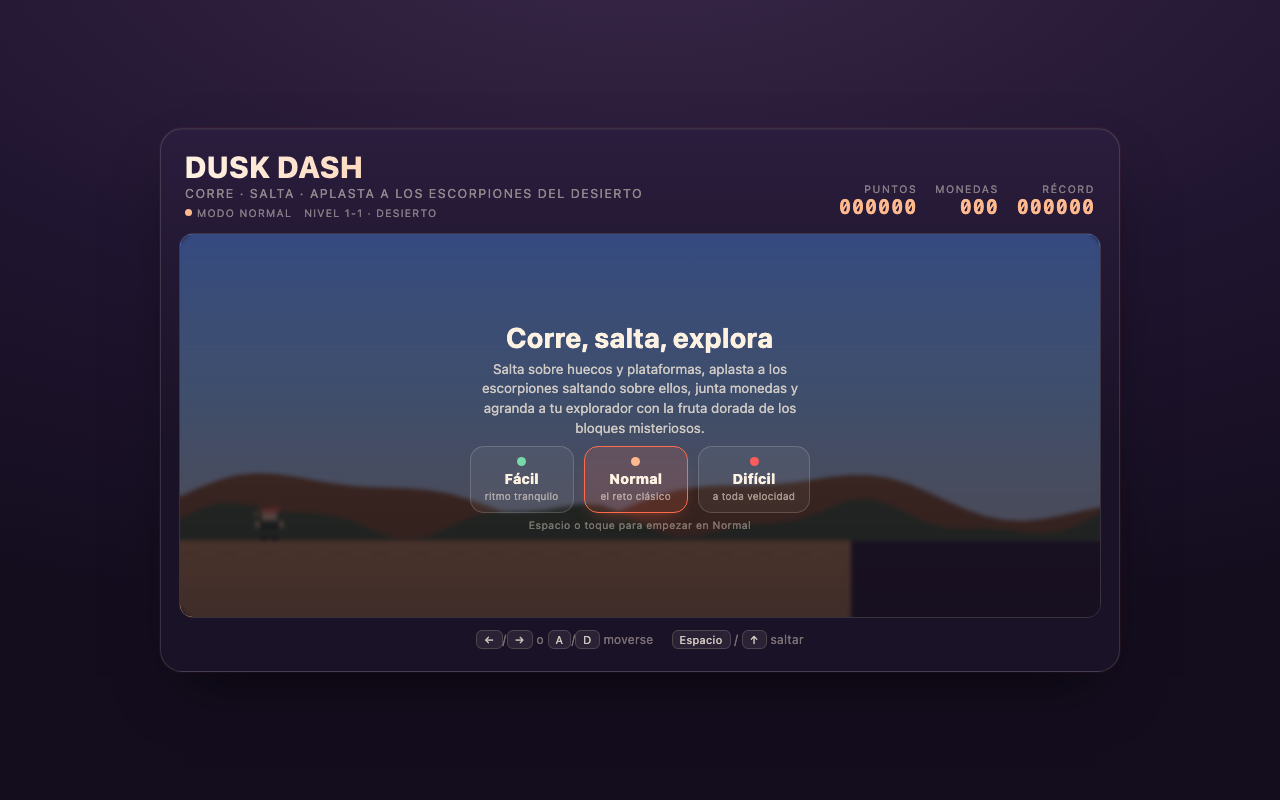 Captura de Dusk Dash: pantalla de inicio con selector de dificultad